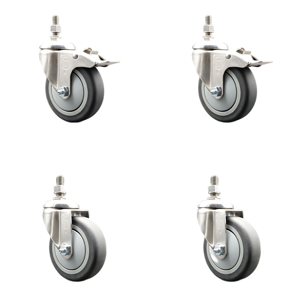 Thermoplastic Rubber Swivel Stem Caster Set of 4 with 4 Inch Caster Wheels-1/2" Threaded Stem-316 Stainless Steel Caster-Include 2 Swivel Caster with Total Lock Brake and 2 Swivel-Service Caster Brand — photo 1