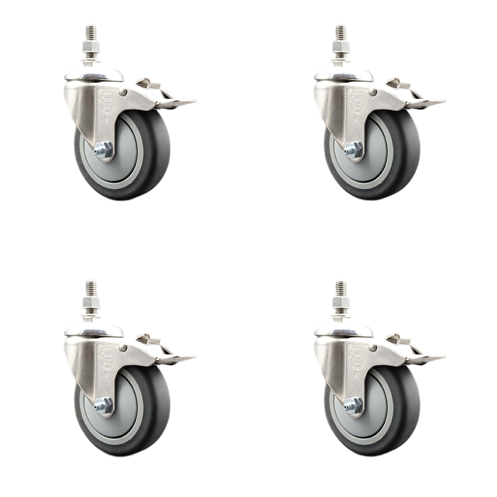 Thermoplastic Rubber Swivel Stem Caster Set of 4 with 4 Inch Caster Wheels - 1/2" Threaded Stems - 316 Stainless Steel Casters - Includes 4 Swivel Casters with Total Lock Brakes - Service Caster Brand — photo 1