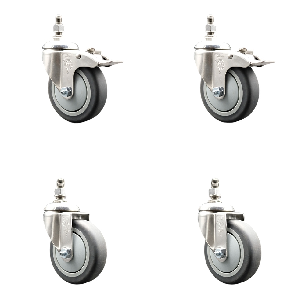 Thermoplastic Rubber Swivel Stem Caster Set of 4 with 4 Inch Caster Wheels-3/8" Threaded Stem-316 Stainless Steel Caster-Include 2 Swivel Caster with Total Lock Brake and 2 Swivel-Service Caster Brand — photo 1