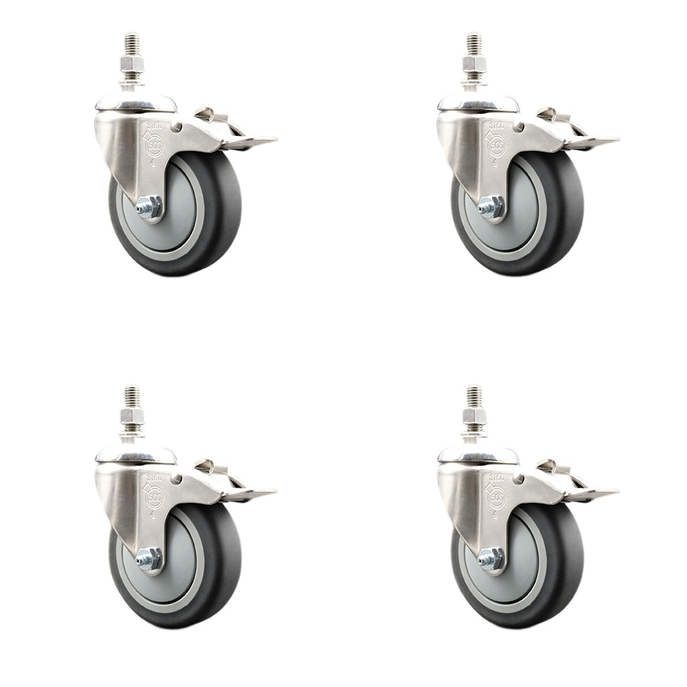 Thermoplastic Rubber Swivel Stem Caster Set of 4 with 4 Inch Caster Wheels - 3/8" Threaded Stems - 316 Stainless Steel Casters - Includes 4 Swivel Casters with Total Lock Brakes - Service Caster Brand — photo 1