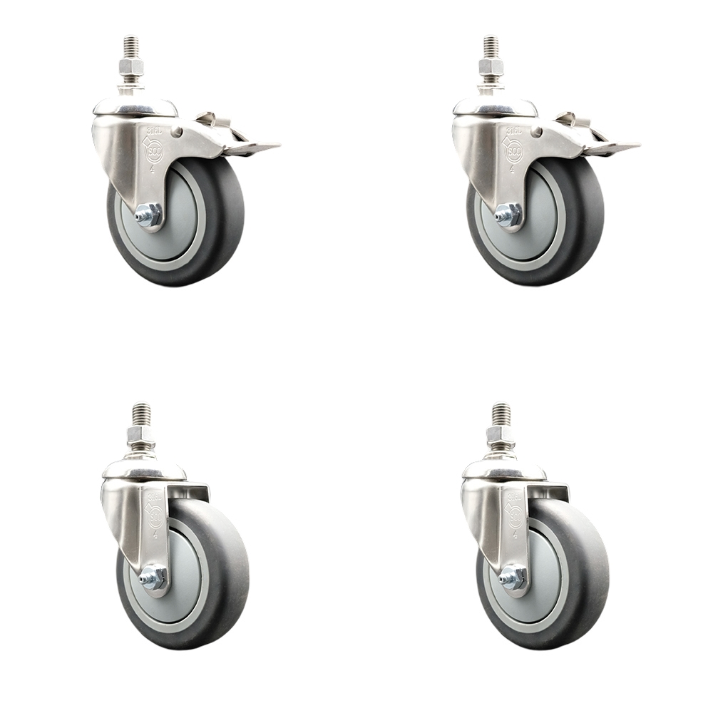Thermoplastic Rubber Swivel Stem Caster Set of 4 with 4 Inch Caster Wheels-10mm Threaded Stem-316 Stainless Steel Caster-Include 2 Swivel Caster with Total Lock Brake and 2 Swivel-Service Caster Brand — photo 1