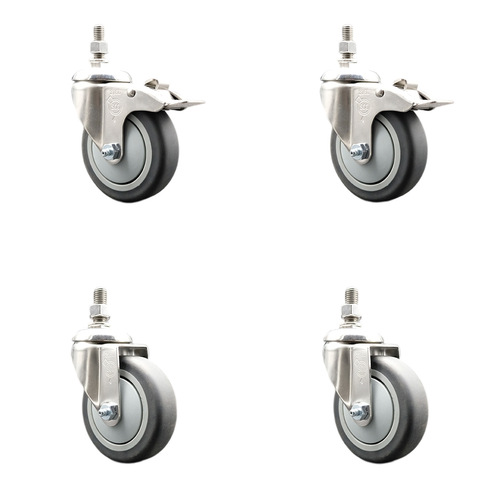 Thermoplastic Rubber Swivel Stem Caster Set of 4 with 4 Inch Caster Wheels-12mm Threaded Stem-316 Stainless Steel Caster-Include 2 Swivel Caster with Total Lock Brake and 2 Swivel-Service Caster Brand — photo 1