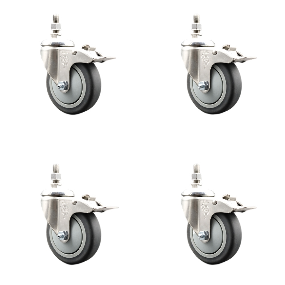 Thermoplastic Rubber Swivel Stem Caster Set of 4 with 4 Inch Caster Wheels -12mm Metric Threaded Stems-316 Stainless Steel Casters-Includes 4 Swivel Casters with Total Lock Brakes-Service Caster Brand — photo 1