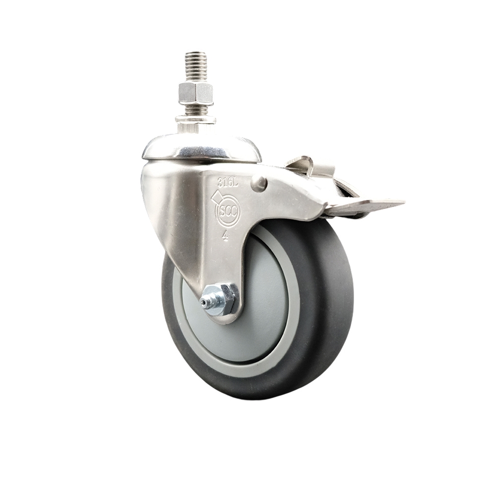 Thermoplastic Rubber Swivel Stem Caster with 4 Inch Gray Caster Wheel and Total Lock Brake - 12mm Metric Threaded Stem - 316 Stainless Steel Caster - 250 lbs. Capacity Per Caster- Service Caster Brand — photo 1