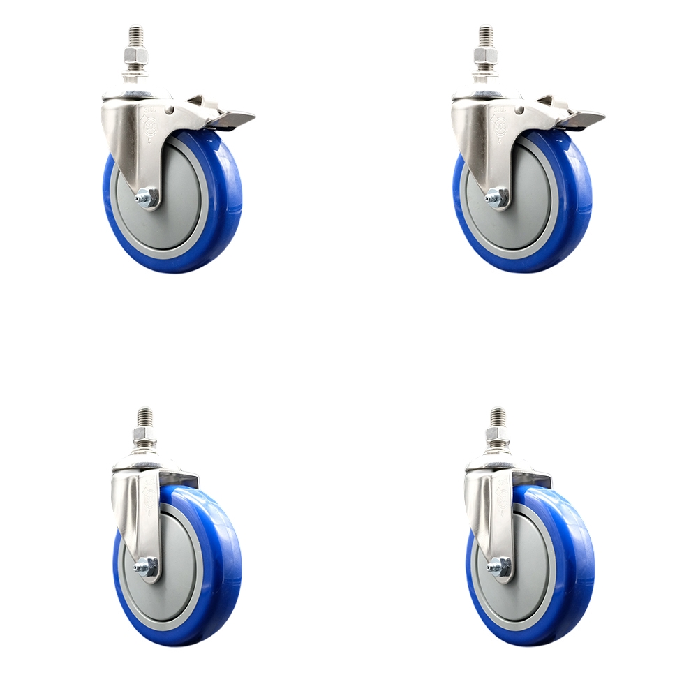 Poly Swivel Stem Caster Set of 4 with 5 Inch Blue Caster Wheels - 1/2" Threaded Stems - 316 Stainless Steel Casters -Includes 2 Swivel Casters with Total Lock Brakes and 2 Swivel-Service Caster Brand — photo 1