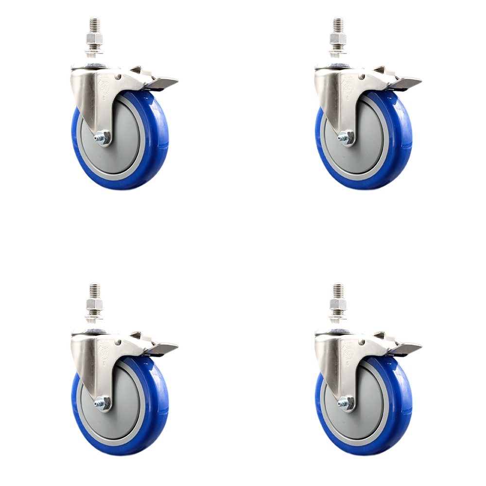 Polyurethane Swivel Stem Caster Set of 4 with 5 Inch Blue Caster Wheels - 1/2" Threaded Stems - 316 Stainless Steel Casters - Includes 4 Swivel Casters with Total Lock Brakes - Service Caster Brand — photo 1