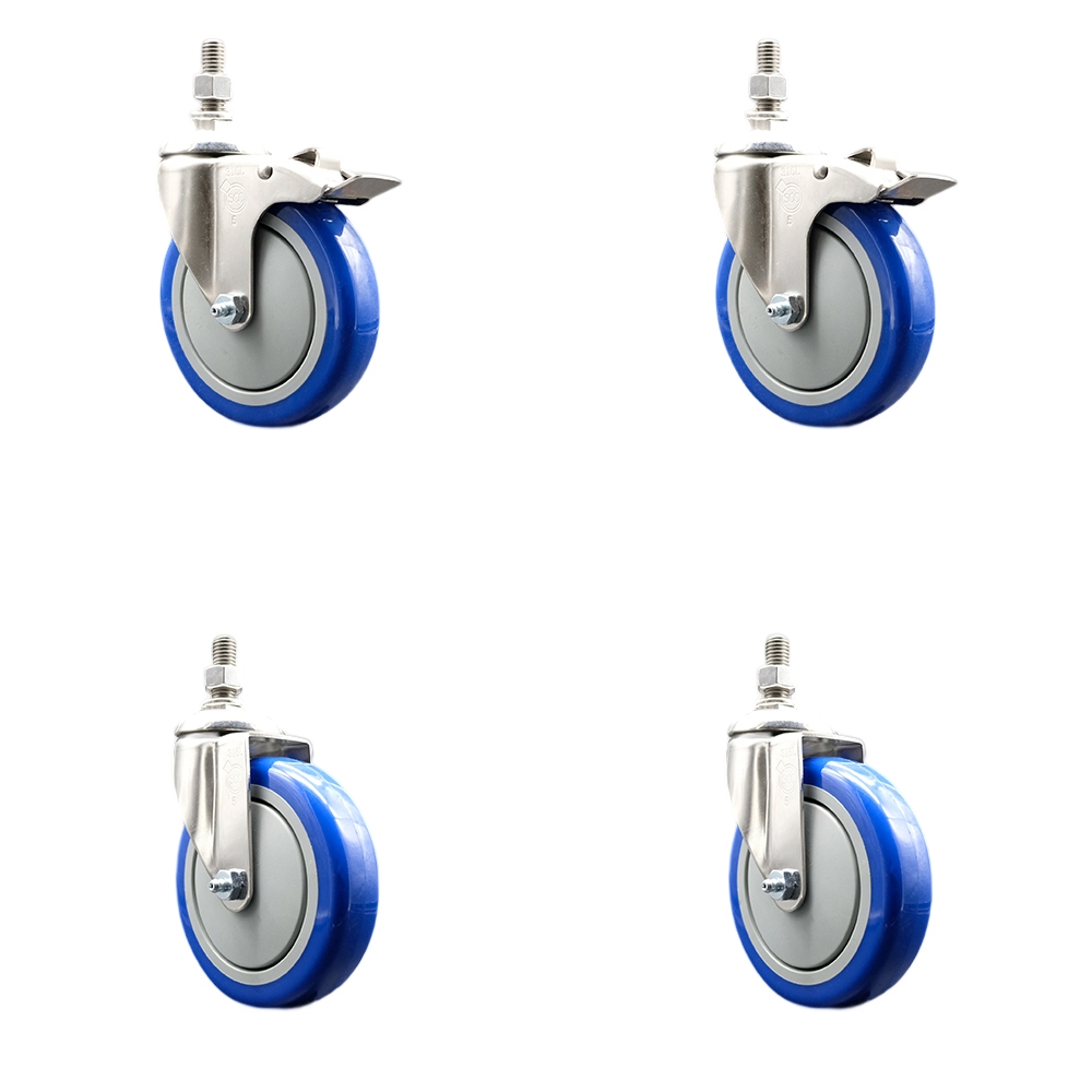 Poly Swivel Stem Caster Set of 4 with 5 Inch Blue Caster Wheels-10mm Metric Threaded Stems-316 Stainless Steel Casters-Include 2 Swivel Casters with Total Lock Brake and 2 Swivel-Service Caster Brand — photo 1
