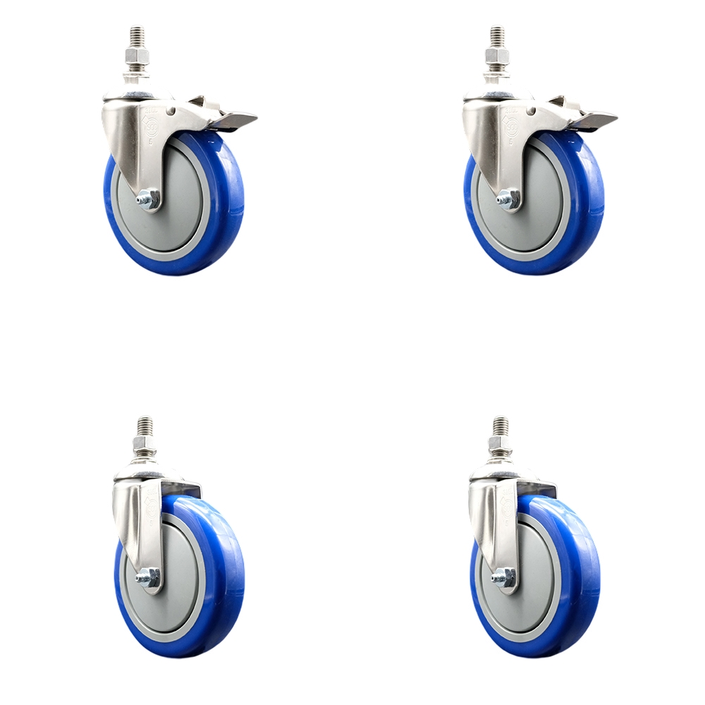 Poly Swivel Stem Caster Set of 4 with 5 Inch Blue Caster Wheels-12mm Metric Threaded Stems-316 Stainless Steel Casters-Include 2 Swivel Casters with Total Lock Brake and 2 Swivel-Service Caster Brand — photo 1