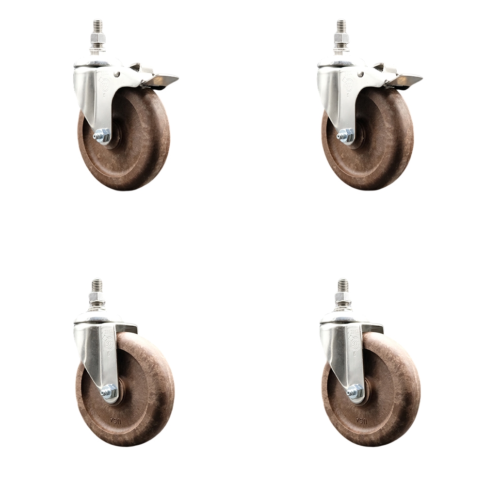 High Temp Glass Filled Nylon Swivel Stem Caster Set of 4 with 5 Inch Caster Wheel-1/2" Threaded Stem-316 Stainless Steel Caster-Include 2 Swivel with Total Lock Brake and 2 Swivel-Service Caster Brand — photo 1