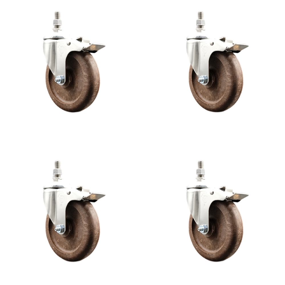 High Temp Glass Filled Nylon Swivel Stem Caster Set of 4 with 5 Inch Caster Wheels - 1/2" Threaded Stems -316 Stainless Steel Caster-Include 4 Swivel Casters with Total Lock Brake-Service Caster Brand — photo 1