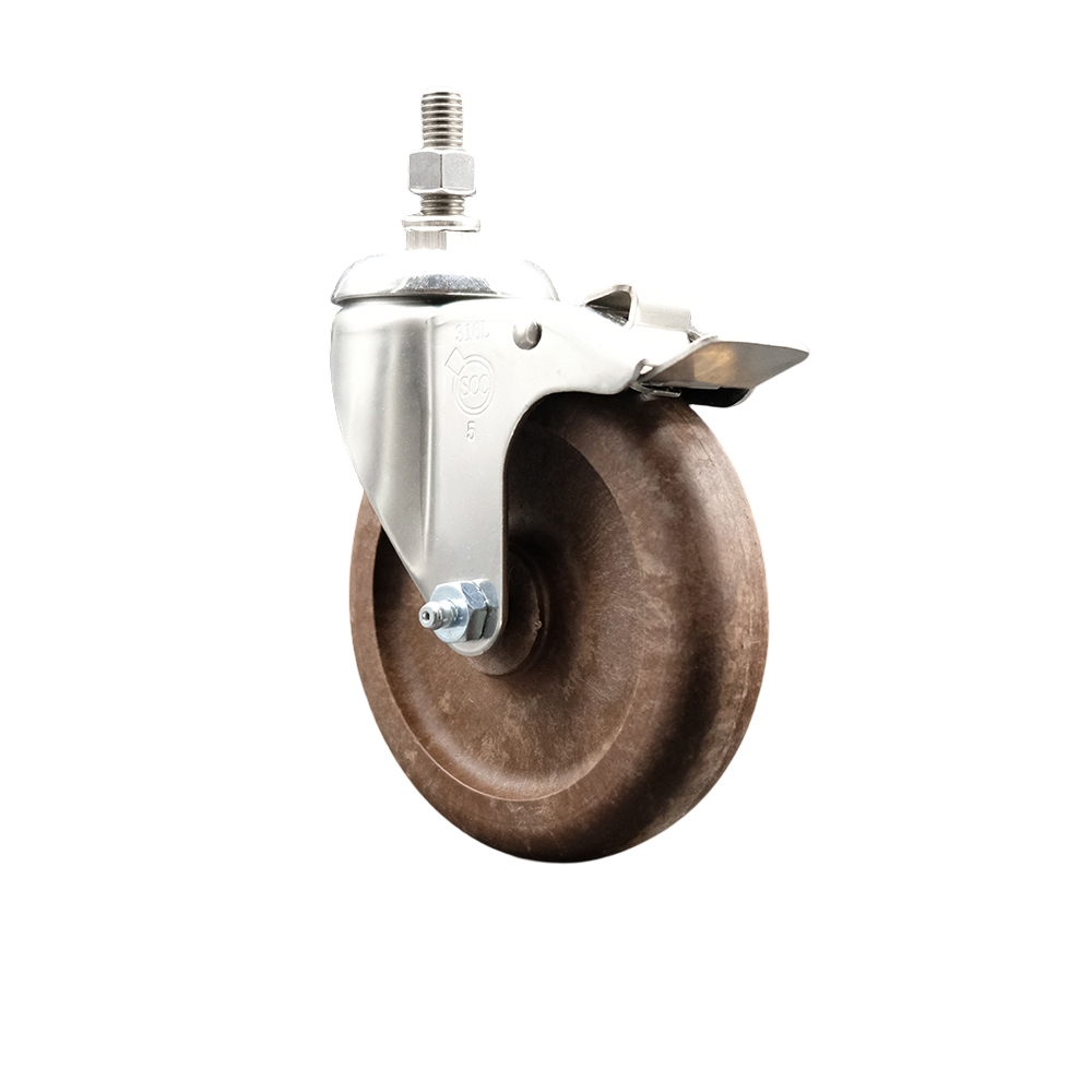 High Temp Glass Filled Nylon Swivel Stem Caster with 5 Inch Brown Caster Wheel and Total Lock Brake-1/2" Threaded Stem- 316 Stainless Steel Caster - 350 lbs. Capacity Per Caster - Service Caster Brand — photo 1