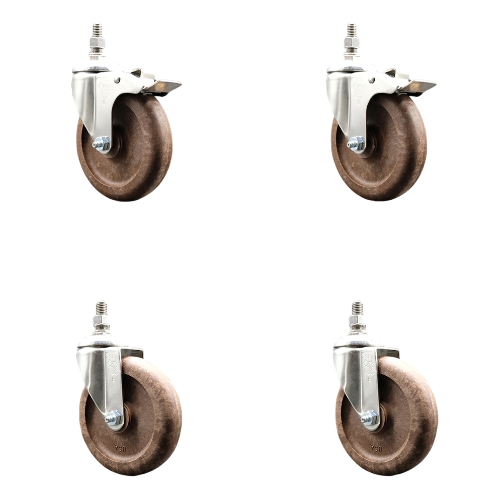 High Temp Glass Filled Nylon Swivel Stem Caster Set of 4 with 5 Inch Caster Wheel-3/8" Threaded Stem-316 Stainless Steel Caster-Include 2 Swivel with Total Lock Brake and 2 Swivel-Service Caster Brand — photo 1