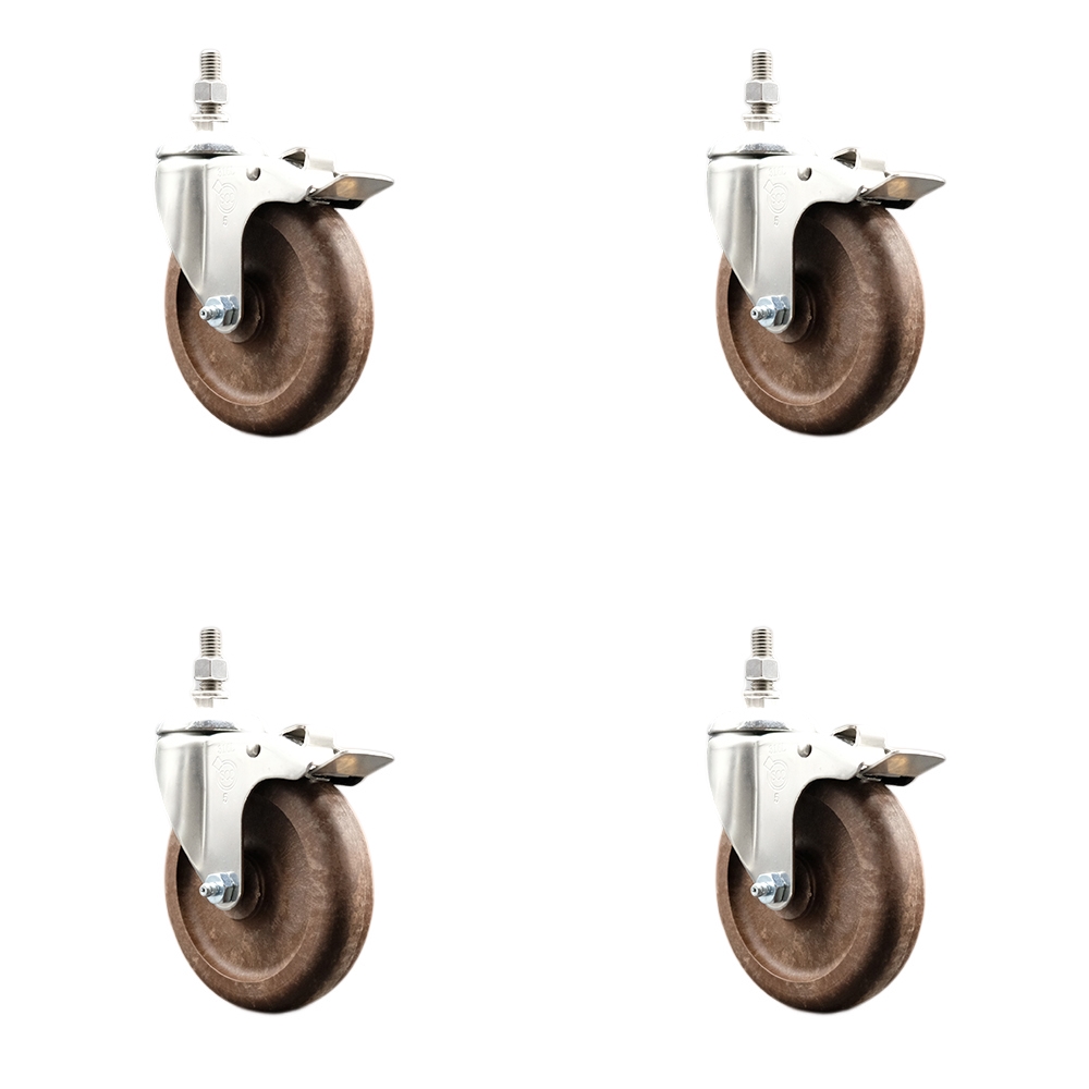 High Temp Glass Filled Nylon Swivel Stem Caster Set of 4 with 5 Inch Caster Wheels - 3/8" Threaded Stems -316 Stainless Steel Caster-Include 4 Swivel Casters with Total Lock Brake-Service Caster Brand — photo 1