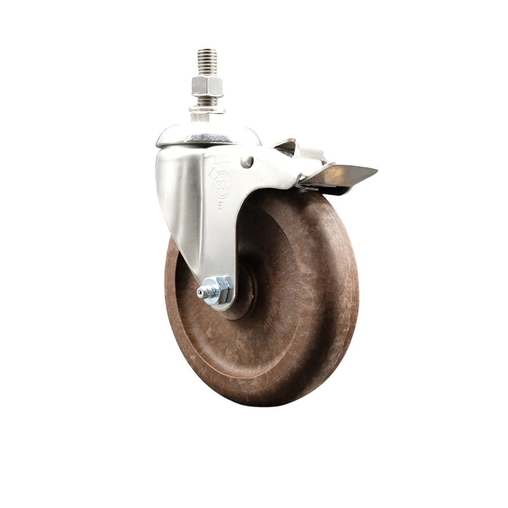 High Temp Glass Filled Nylon Swivel Stem Caster with 5 Inch Brown Caster Wheel and Total Lock Brake-3/8" Threaded Stem- 316 Stainless Steel Caster - 350 lbs. Capacity Per Caster - Service Caster Brand — photo 1