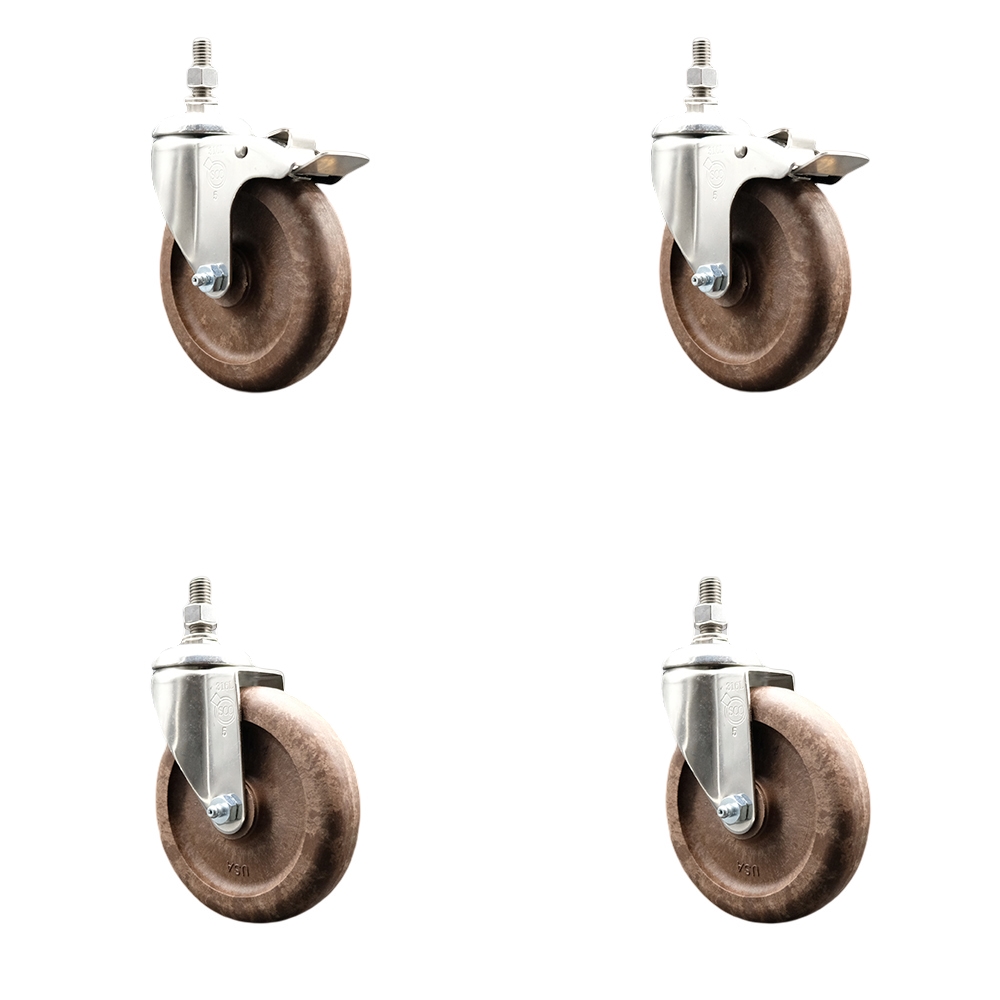 High Temp Glass Filled Nylon Swivel Stem Caster Set of 4 with 5 Inch Caster Wheel-10mm Threaded Stem-316 Stainless Steel Caster-Include 2 Swivel with Total Lock Brake and 2 Swivel-Service Caster Brand — photo 1