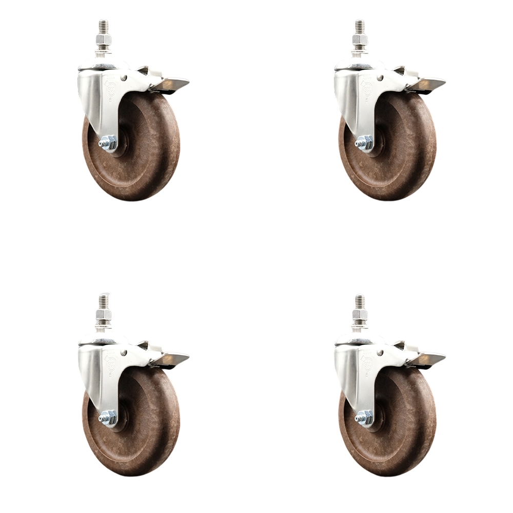 High Temp Glass Filled Nylon Swivel Stem Caster Set of 4 with 5 Inch Caster Wheels-10mm Metric Threaded Stem-316 Stainless Steel Caster-Include 4 Swivel Caster w/Total Lock Brakes-Service Caster Brand — photo 1