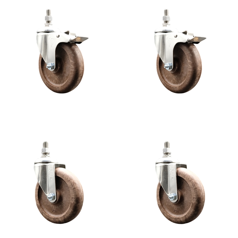 High Temp Glass Filled Nylon Swivel Stem Caster Set of 4 with 5 Inch Caster Wheel-12mm Threaded Stem-316 Stainless Steel Caster-Include 2 Swivel with Total Lock Brake and 2 Swivel-Service Caster Brand — photo 1
