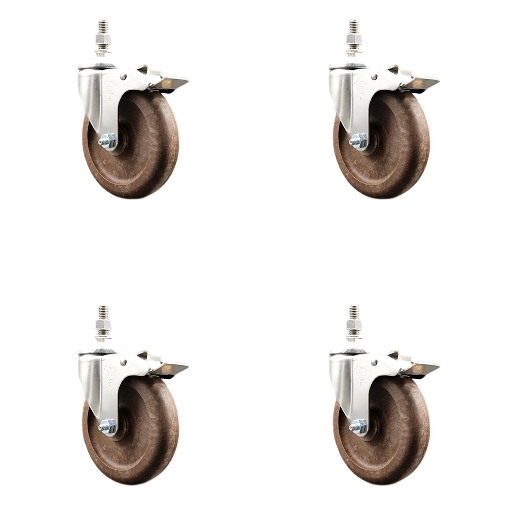 High Temp Glass Filled Nylon Swivel Stem Caster Set of 4 with 5 Inch Caster Wheels-12mm Metric Threaded Stem-316 Stainless Steel Caster-Include 4 Swivel Caster w/Total Lock Brakes-Service Caster Brand — photo 1