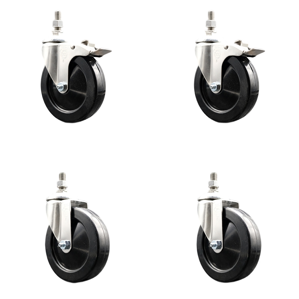 Soft Rubber Swivel Stem Caster Set of 4 with 5 Inch Caster Wheels - 1/2" Threaded Stems - 316 Stainless Steel Casters-Includes 2 Swivel Casters with Total Lock Brakes and 2 Swivel-Service Caster Brand — photo 1