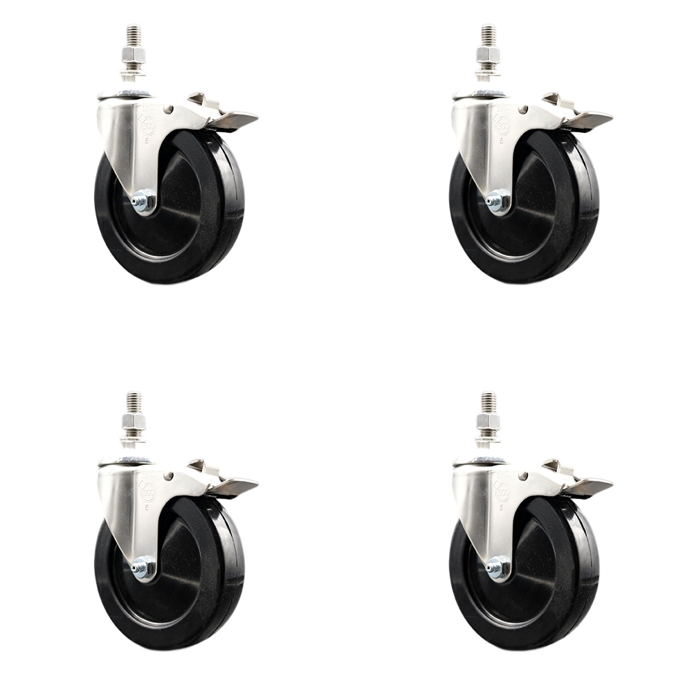 Hard Rubber Swivel Stem Caster Set of 4 with 5 Inch Caster Wheels - 1/2" Threaded Stems - 316 Stainless Steel Casters - Includes 4 Swivel Casters with Total Lock Brakes - Service Caster Brand — photo 1
