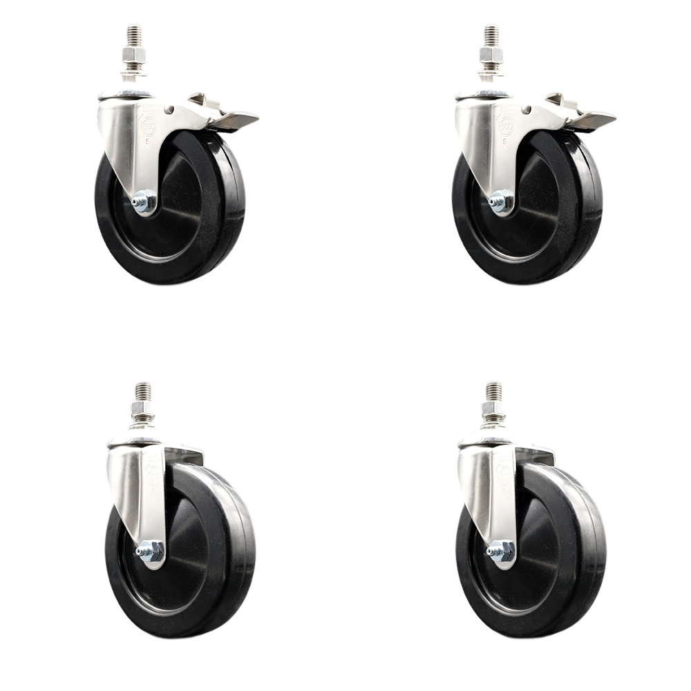 Soft Rubber Swivel Stem Caster Set of 4 with 5 Inch Caster Wheels - 3/8" Threaded Stems - 316 Stainless Steel Casters-Includes 2 Swivel Casters with Total Lock Brakes and 2 Swivel-Service Caster Brand — photo 1