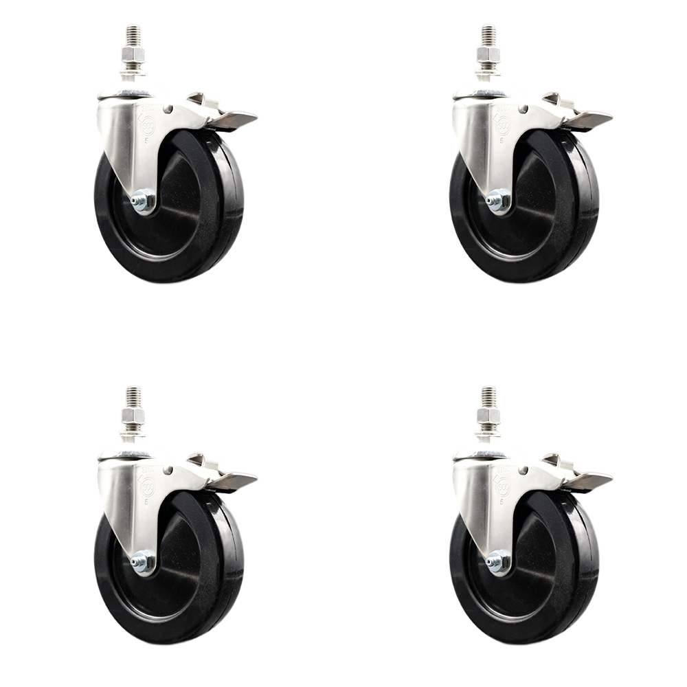 Soft Rubber Swivel Stem Caster Set of 4 with 5 Inch Caster Wheels - 3/8" Threaded Stems - 316 Stainless Steel Casters - Includes 4 Swivel Casters with Total Lock Brakes - Service Caster Brand — photo 1