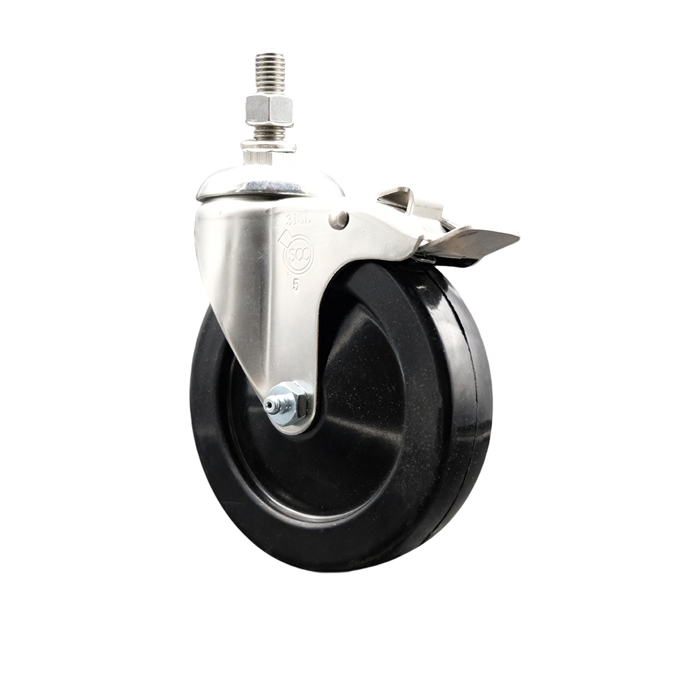 Soft Rubber Swivel Stem Caster with 5 Inch Black Caster Wheel and Total Lock Brake - 3/8" Threaded Stem - 316 Stainless Steel Caster - 275 lbs. Capacity Per Caster - Service Caster Brand — photo 1