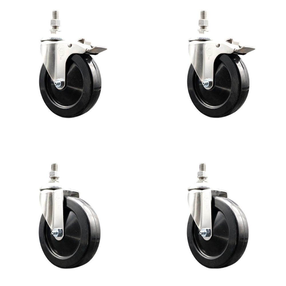 Soft Rubber Swivel Stem Caster Set of 4 with 5 Inch Caster Wheels-10mm Metric Threaded Stems-316 Stainless Steel Caster-Include 2 Swivel Casters with Total Lock Brake and 2 Swivel-Service Caster Brand — photo 1
