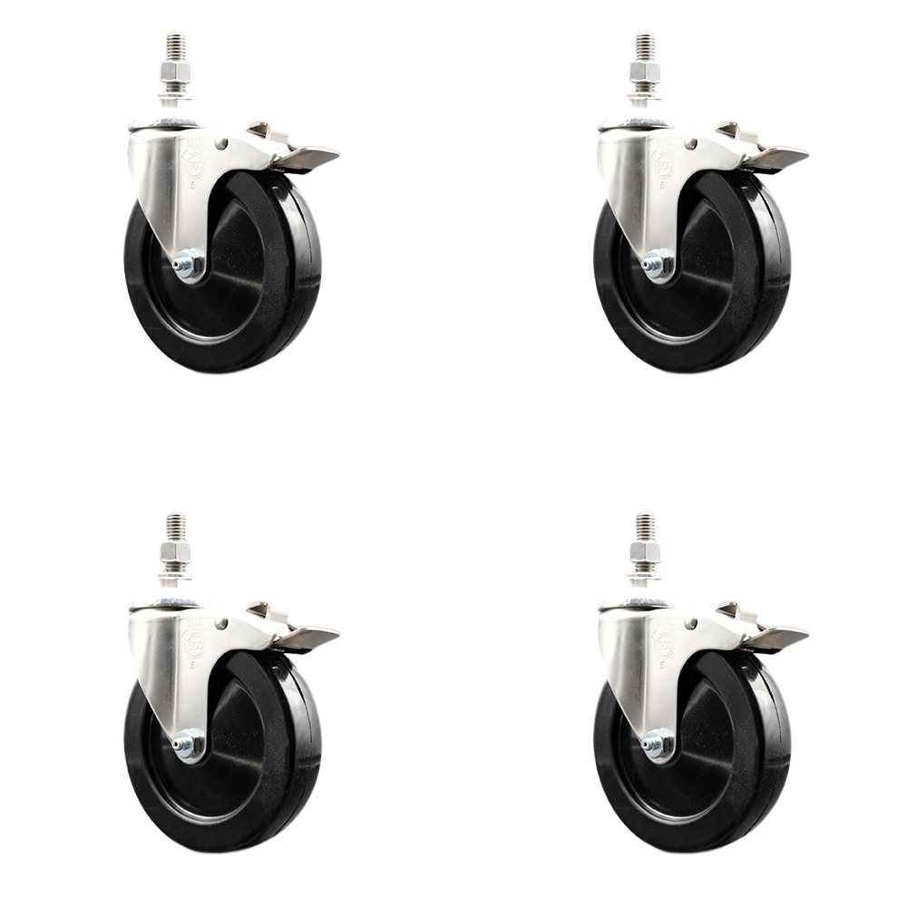 Soft Rubber Swivel Stem Caster Set of 4 with 5 Inch Caster Wheels - 10mm Metric Threaded Stems - 316 Stainless Steel Casters - Includes 4 Swivel Casters with Total Lock Brakes - Service Caster Brand — photo 1