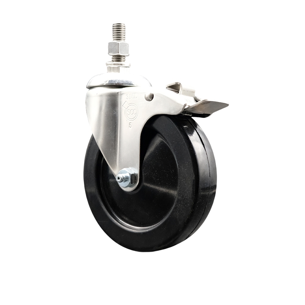 Soft Rubber Swivel Stem Caster with 5 Inch Black Caster Wheel and Total Lock Brake - 10mm Metric Threaded Stem - 316 Stainless Steel Caster - 275 lbs. Capacity Per Caster - Service Caster Brand — photo 1