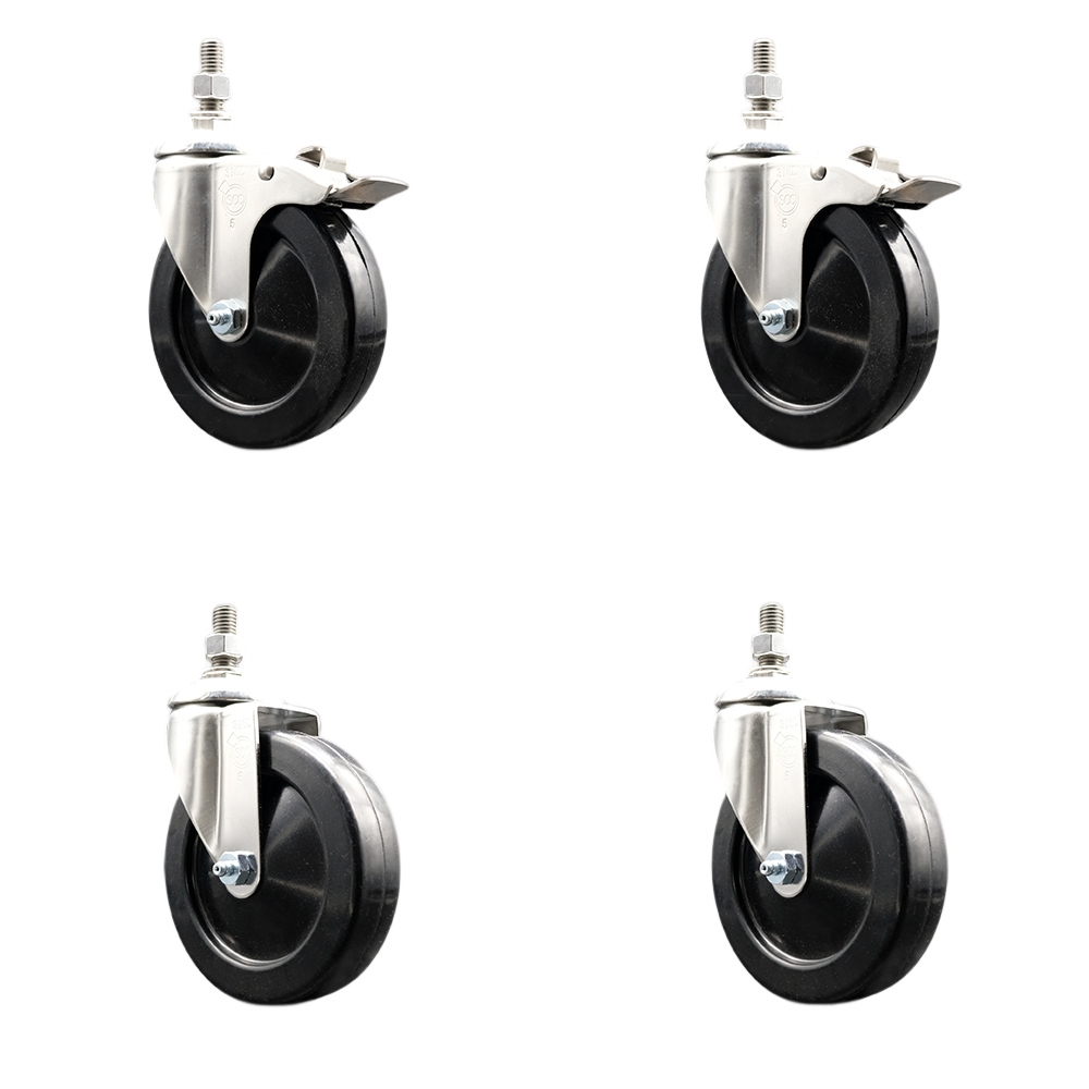 Soft Rubber Swivel Stem Caster Set of 4 with 5 Inch Caster Wheels-12mm Metric Threaded Stems-316 Stainless Steel Caster-Include 2 Swivel Casters with Total Lock Brake and 2 Swivel-Service Caster Brand — photo 1