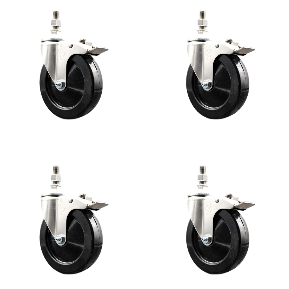 Soft Rubber Swivel Stem Caster Set of 4 with 5 Inch Caster Wheels - 12mm Metric Threaded Stems - 316 Stainless Steel Casters - Includes 4 Swivel Casters with Total Lock Brakes - Service Caster Brand — photo 1
