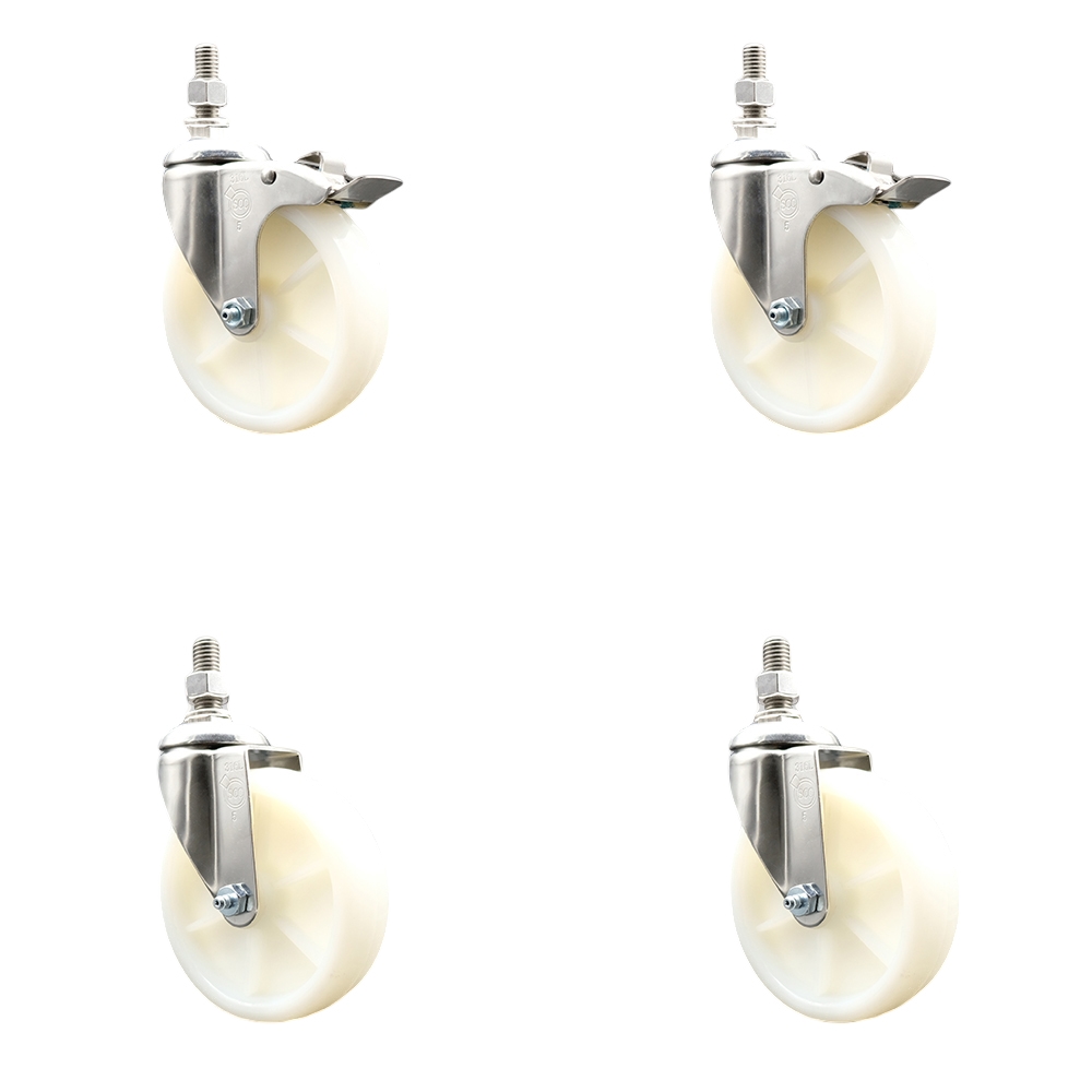 Nylon Swivel Stem Caster Set of 4 with 5 Inch Caster Wheels - 1/2" Threaded Stems - 316 Stainless Steel Casters - Includes 2 Swivel Casters with Total Lock Brakes and 2 Swivel - Service Caster Brand — photo 1