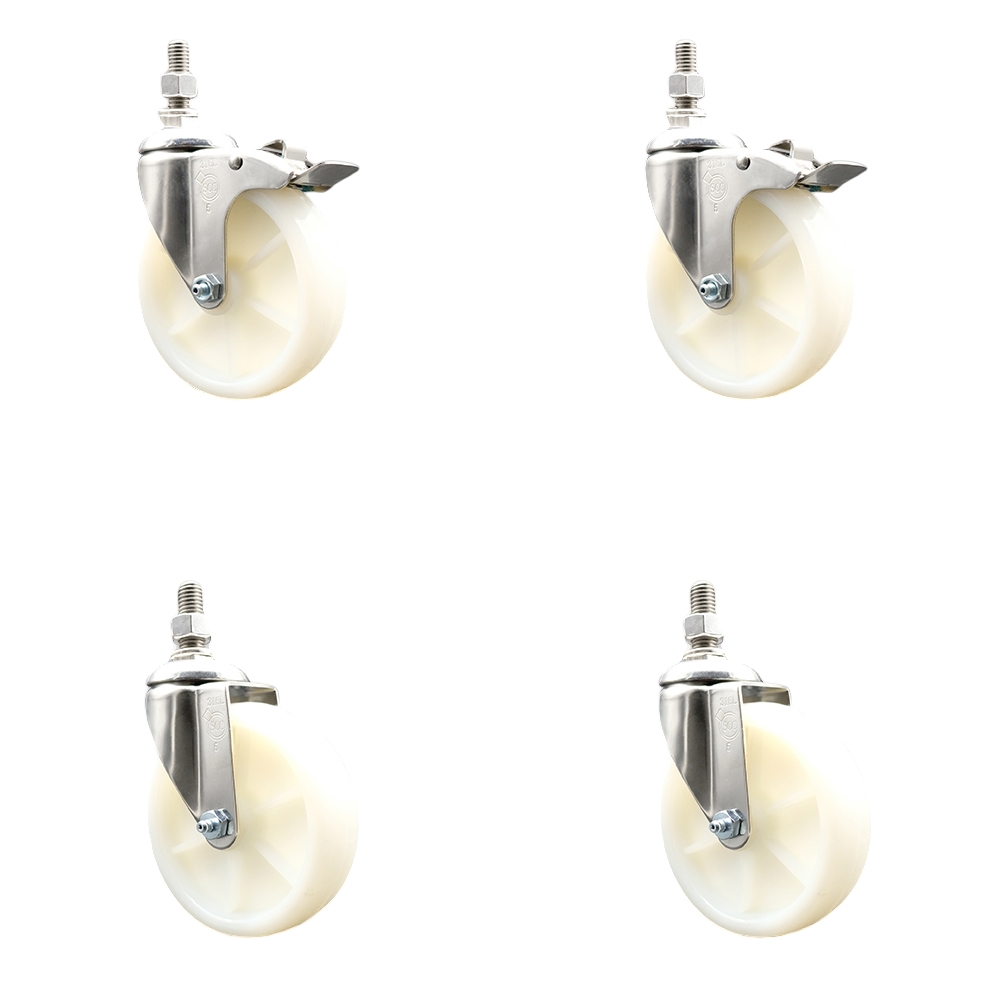 Nylon Swivel Stem Caster Set of 4 with 5 Inch Caster Wheels - 3/8" Threaded Stems - 316 Stainless Steel Casters - Includes 2 Swivel Casters with Total Lock Brakes and 2 Swivel - Service Caster Brand — photo 1