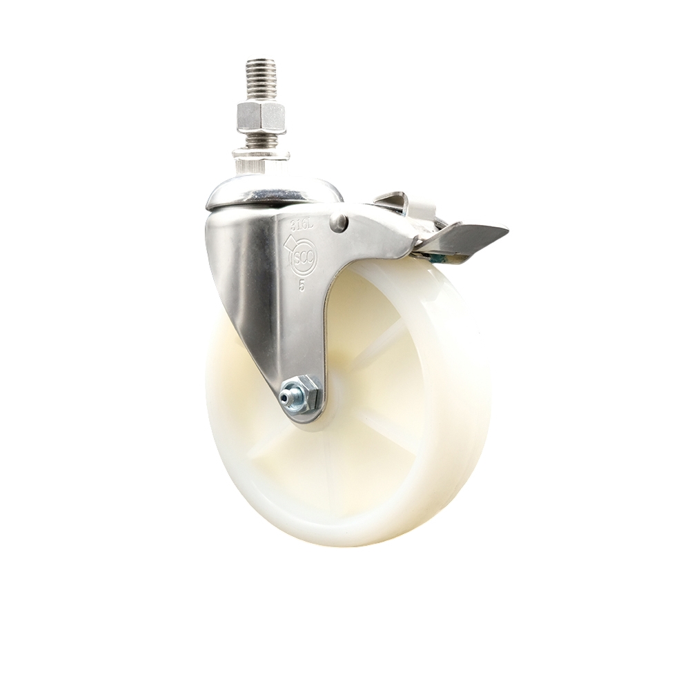 Nylon Swivel Stem Caster with 5 Inch White Caster Wheel and Total Lock Brake - 3/8" Threaded Stem - 316 Stainless Steel Caster - 300 lbs. Capacity Per Caster - Service Caster Brand — photo 1