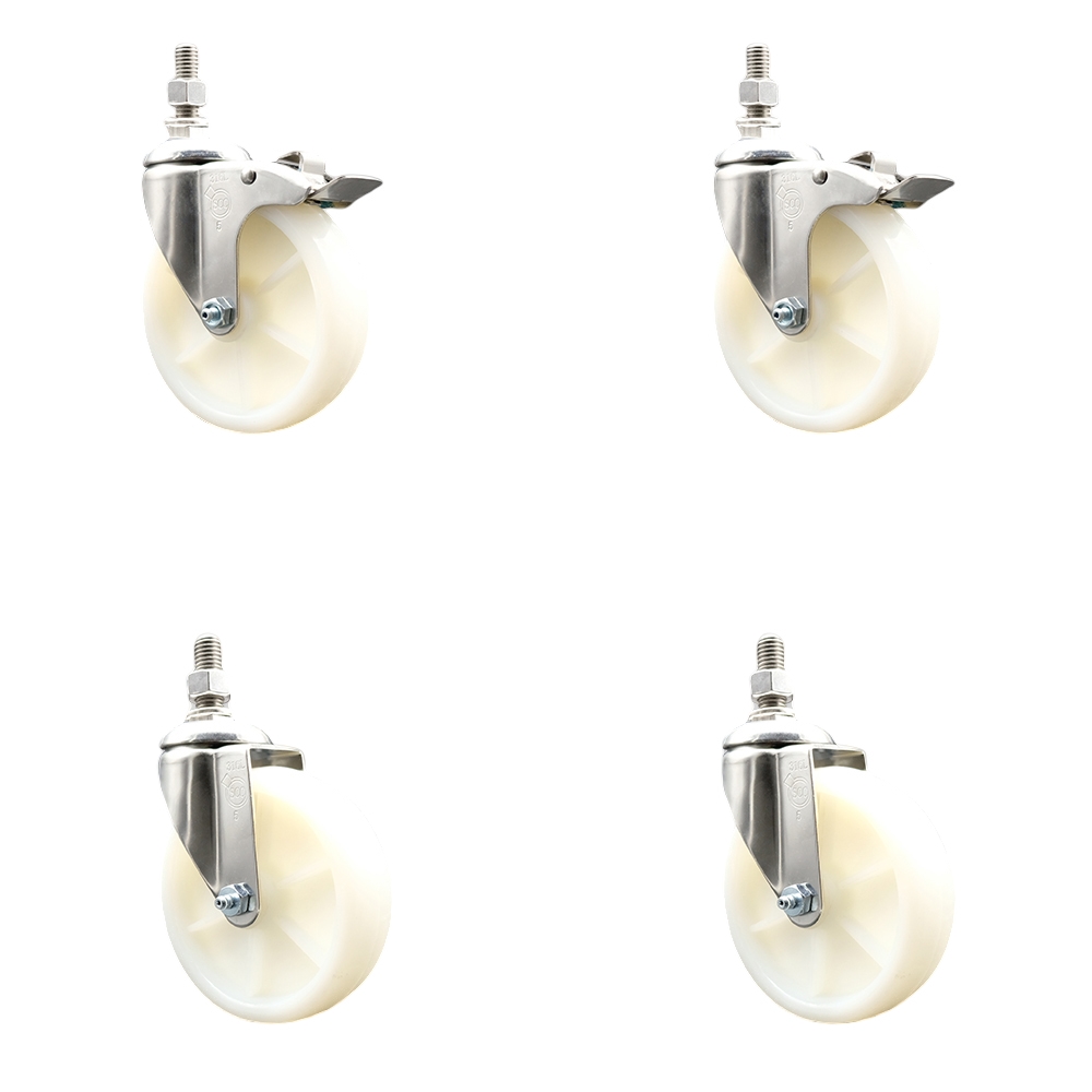 Nylon Swivel Stem Caster Set of 4 with 5 Inch Caster Wheels - 10mm Metric Threaded Stems -316 Stainless Steel Casters-Includes 2 Swivel Casters with Total Lock Brakes and 2 Swivel-Service Caster Brand — photo 1