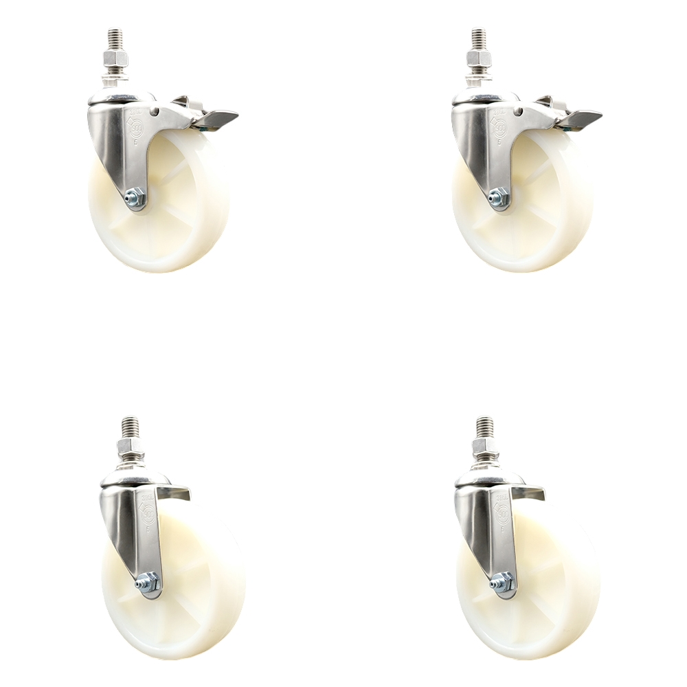 Nylon Swivel Stem Caster Set of 4 with 5 Inch Caster Wheels - 12mm Metric Threaded Stems -316 Stainless Steel Casters-Includes 2 Swivel Casters with Total Lock Brakes and 2 Swivel-Service Caster Brand — photo 1