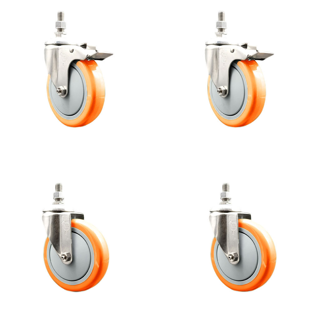Poly Swivel Stem Caster Set of 4 with 5 Inch Orange Caster Wheels - 1/2" Threaded Stems - 316 Stainless Steel Casters-Includes 2 Swivel Casters with Total Lock Brakes and 2 Swivel-Service Caster Brand — photo 1