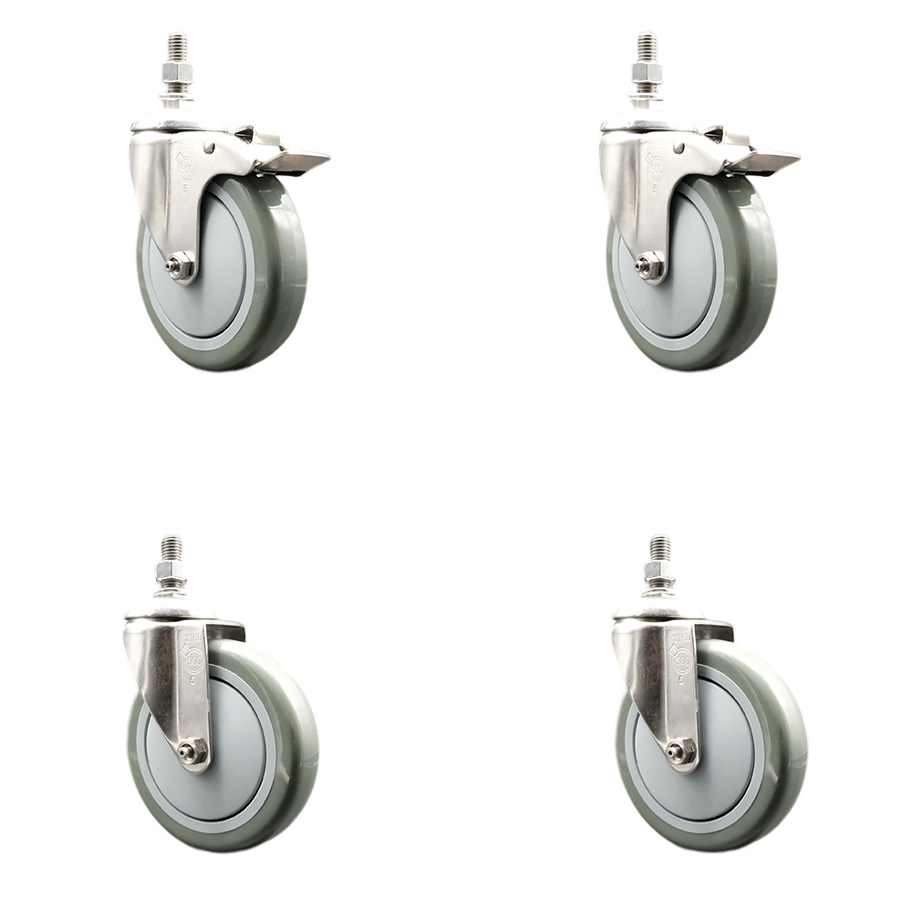 Poly Swivel Stem Caster Set of 4 with 5 Inch Gray Caster Wheels - 1/2" Threaded Stems - 316 Stainless Steel Casters -Includes 2 Swivel Casters with Total Lock Brakes and 2 Swivel-Service Caster Brand — photo 1