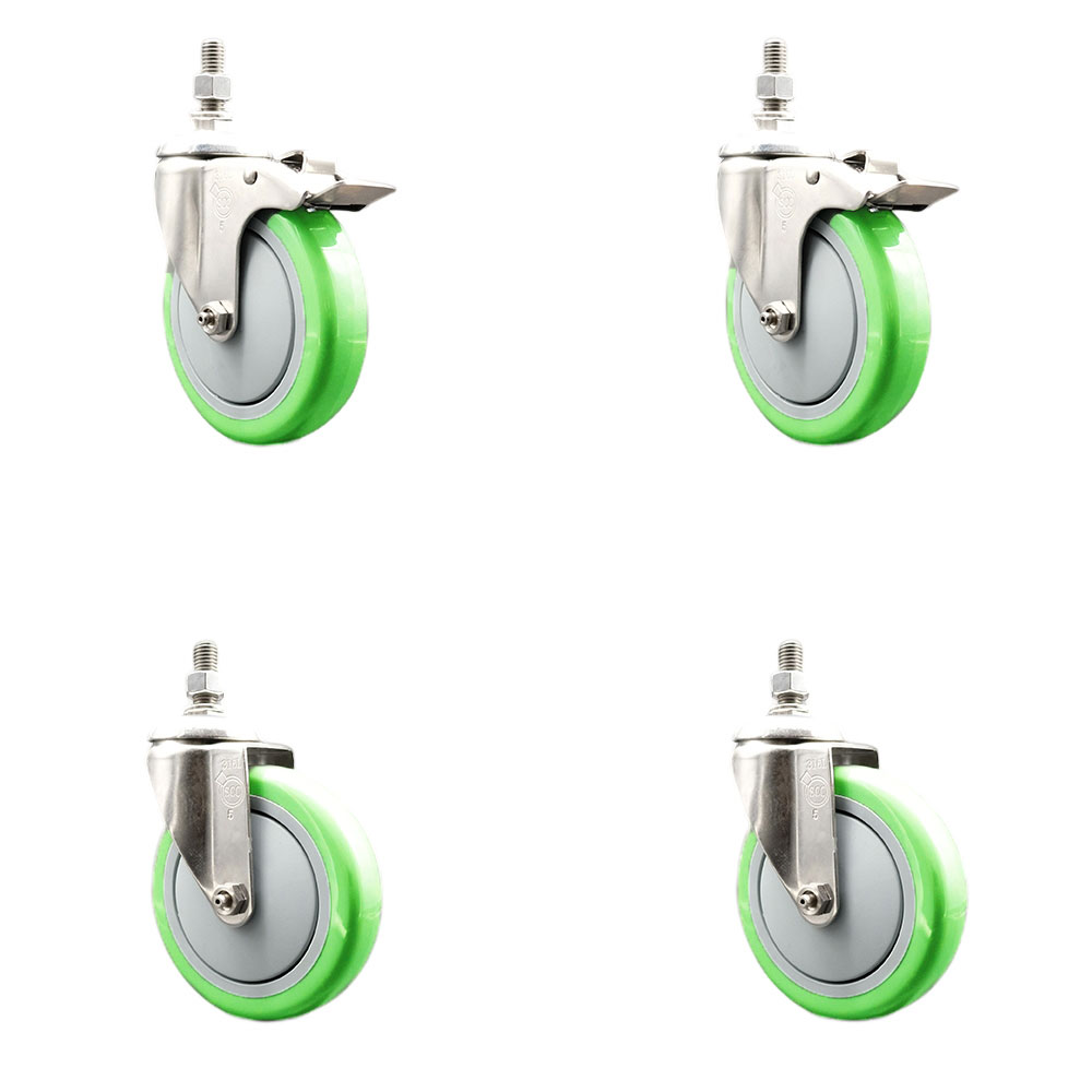 Poly Swivel Stem Caster Set of 4 with 5 Inch Green Caster Wheels - 1/2" Threaded Stems - 316 Stainless Steel Casters -Includes 2 Swivel Casters with Total Lock Brakes and 2 Swivel-Service Caster Brand — photo 1