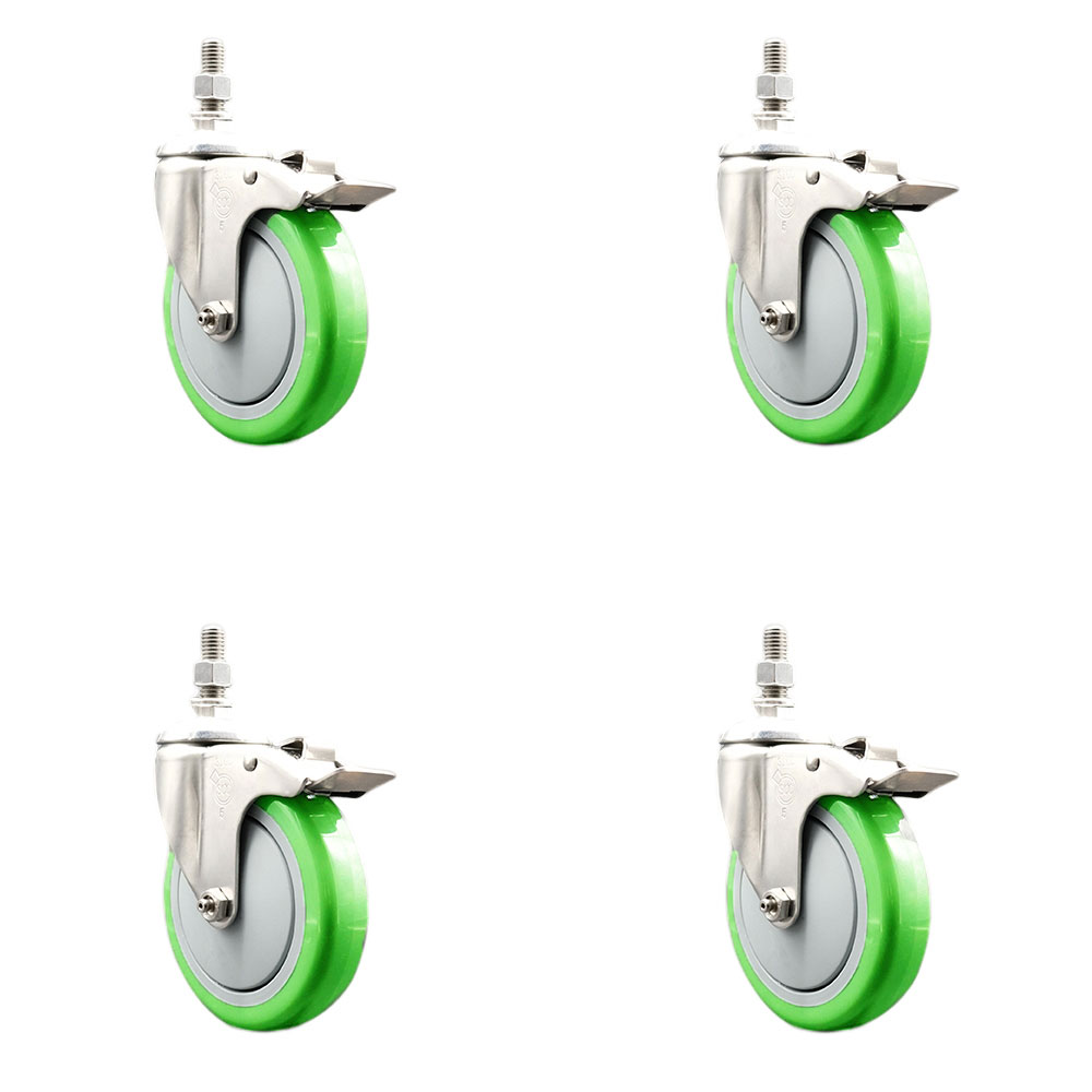 Polyurethane Swivel Stem Caster Set of 4 with 5 Inch Green Caster Wheels - 1/2" Threaded Stems - 316 Stainless Steel Casters - Includes 4 Swivel Casters with Total Lock Brakes - Service Caster Brand — photo 1