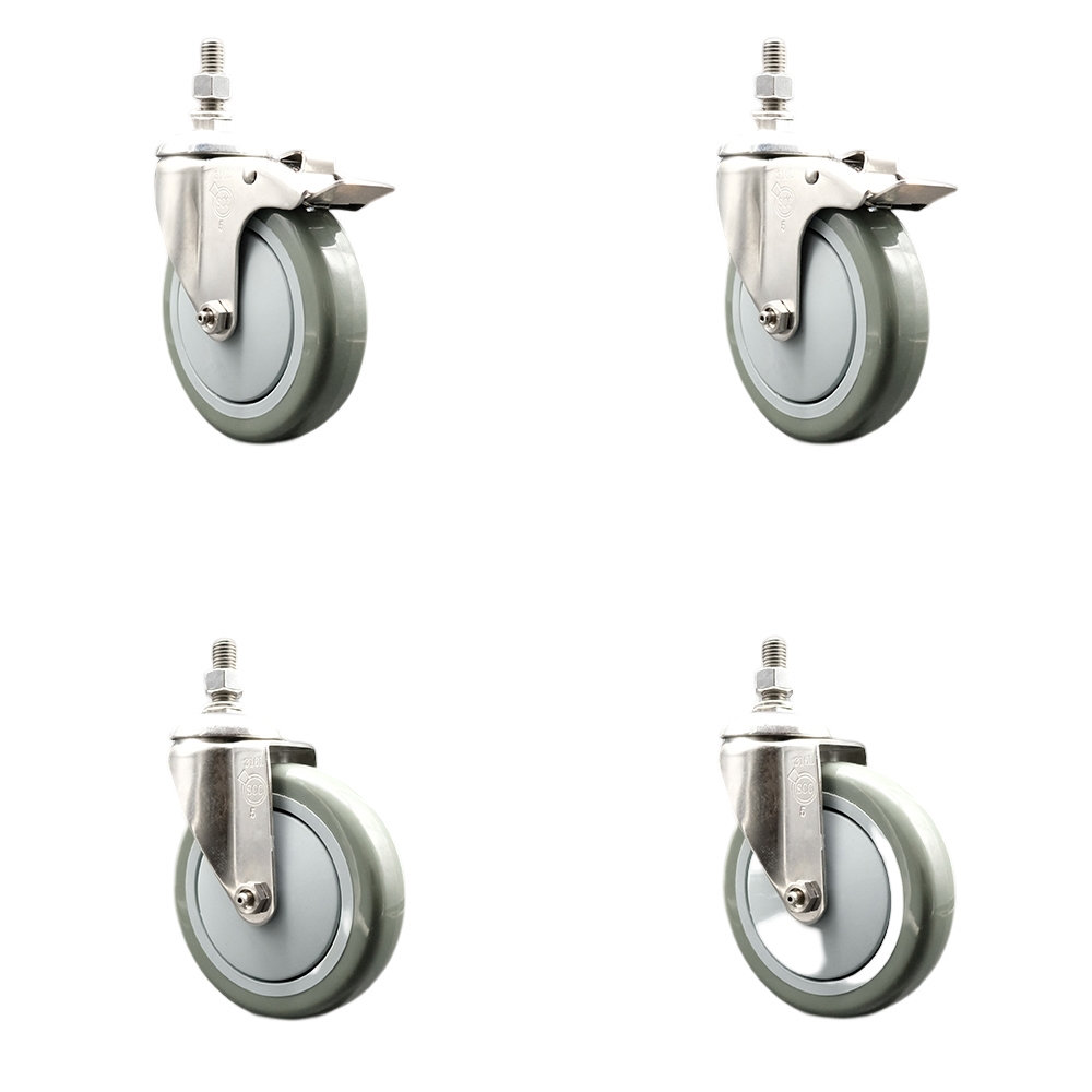 Poly Swivel Stem Caster Set of 4 with 5 Inch Gray Caster Wheels - 3/8" Threaded Stems - 316 Stainless Steel Casters -Includes 2 Swivel Casters with Total Lock Brakes and 2 Swivel-Service Caster Brand — photo 1