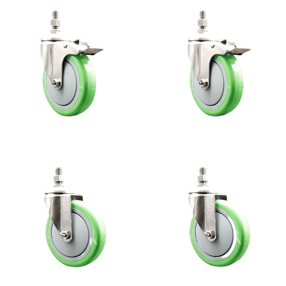 Poly Swivel Stem Caster Set of 4 with 5 Inch Green Caster Wheels - 3/8" Threaded Stems - 316 Stainless Steel Casters -Includes 2 Swivel Casters with Total Lock Brakes and 2 Swivel-Service Caster Brand — photo 1