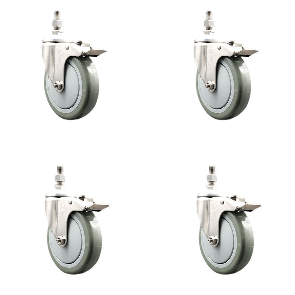 Polyurethane Swivel Stem Caster Set of 4 with 5 Inch Gray Caster Wheels - 3/8" Threaded Stems - 316 Stainless Steel Casters - Includes 4 Swivel Casters with Total Lock Brakes - Service Caster Brand — photo 1