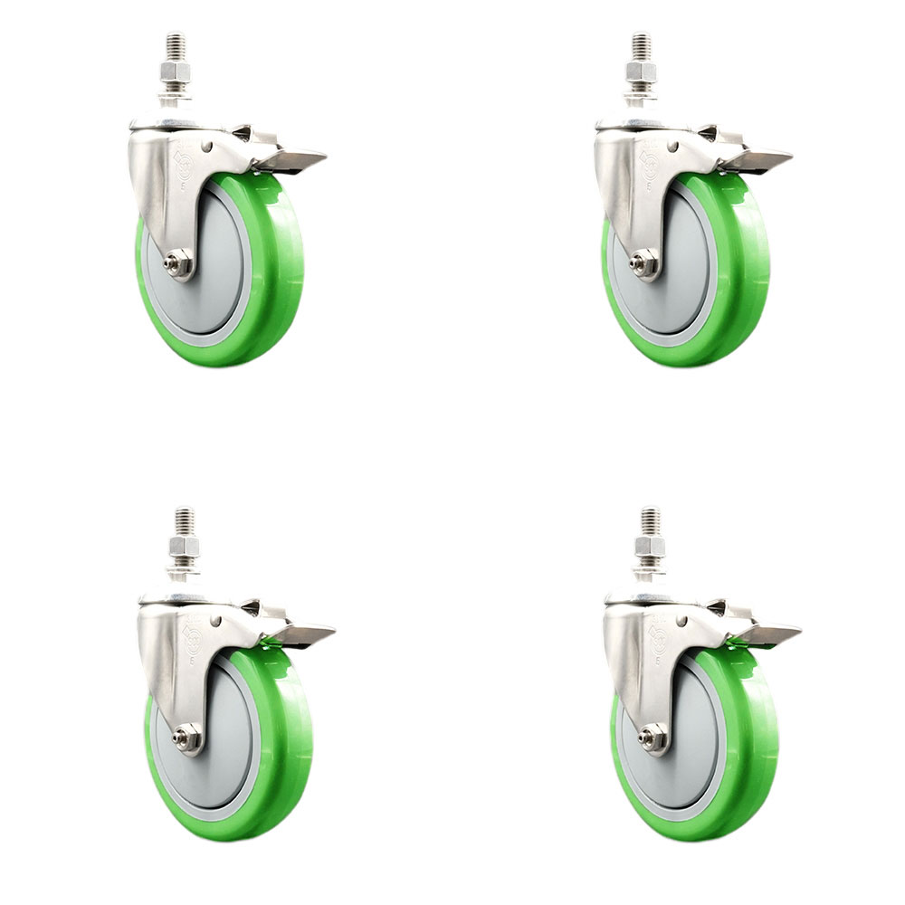 Polyurethane Swivel Stem Caster Set of 4 with 5 Inch Green Caster Wheels - 3/8" Threaded Stems - 316 Stainless Steel Casters - Includes 4 Swivel Casters with Total Lock Brakes - Service Caster Brand — photo 1