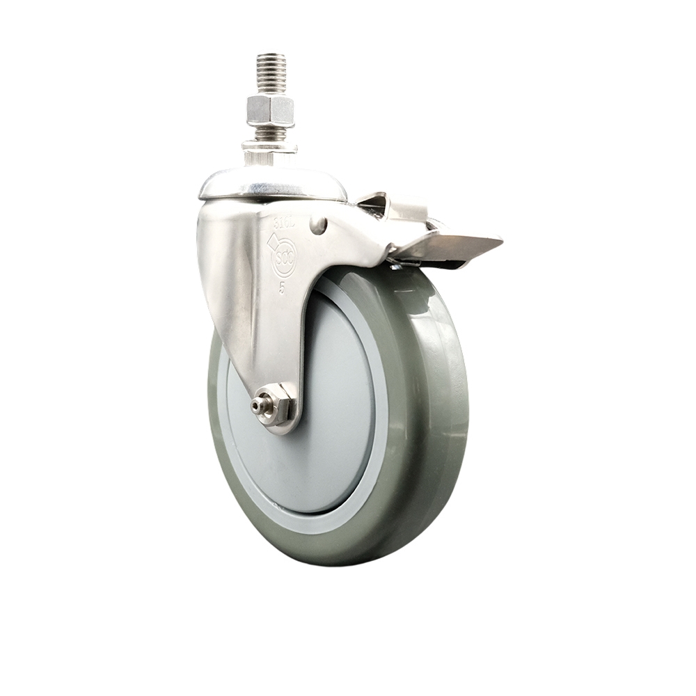 Polyurethane Swivel Stem Caster with 5 Inch Gray Caster Wheel and Total Lock Brake - 3/8" Threaded Stem - 316 Stainless Steel Caster - 350 lbs. Capacity Per Caster - Service Caster Brand — photo 1