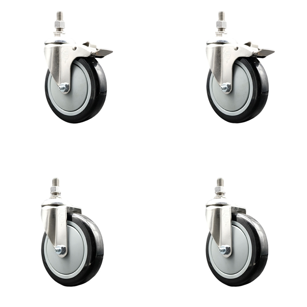 Poly Swivel Stem Caster Set of 4 with 5 Inch Black Caster Wheels - 1/2" Threaded Stems - 316 Stainless Steel Casters -Includes 2 Swivel Casters with Total Lock Brakes and 2 Swivel-Service Caster Brand — photo 1