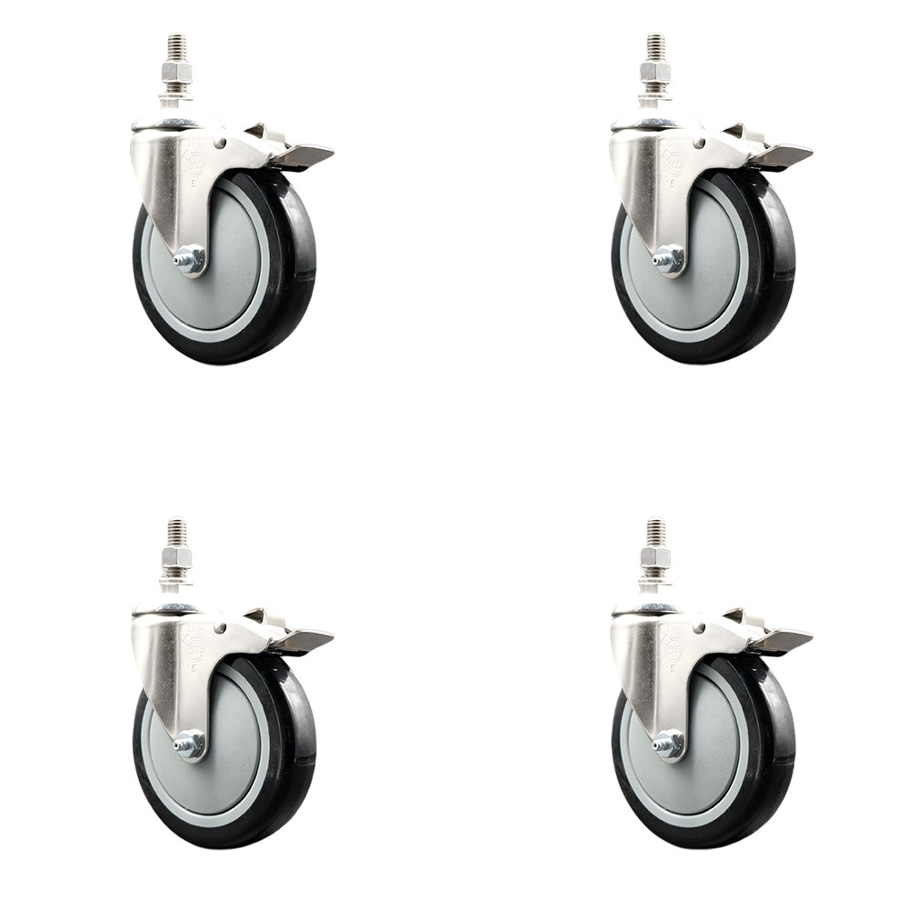 Polyurethane Swivel Stem Caster Set of 4 with 5 Inch Black Caster Wheels - 1/2" Threaded Stems - 316 Stainless Steel Casters - Includes 4 Swivel Casters with Total Lock Brakes - Service Caster Brand — photo 1