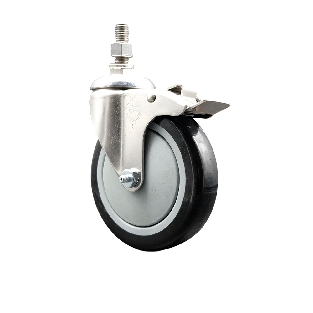 Polyurethane Swivel Stem Caster with 5 Inch Black Caster Wheel and Total Lock Brake - 1/2" Threaded Stem - 316 Stainless Steel Caster - 350 lbs. Capacity Per Caster - Service Caster Brand — photo 1