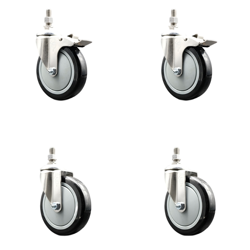 Poly Swivel Stem Caster Set of 4 with 5 Inch Black Caster Wheels - 3/8" Threaded Stems - 316 Stainless Steel Casters -Includes 2 Swivel Casters with Total Lock Brakes and 2 Swivel-Service Caster Brand — photo 1